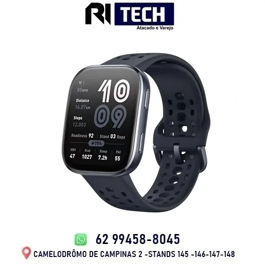 Smartwatch Amazfit Bip 6 Preto Tela AmoLED 1,97" Monitor Cardíaco Gps
