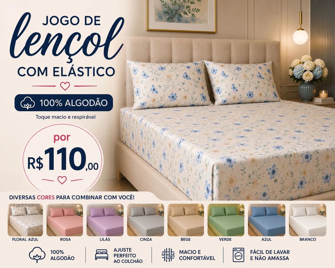 Jogo de lençol com elástico 