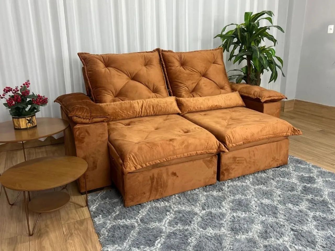 Sofá Retrátil Reclinável 200cm Veludo Terracota 