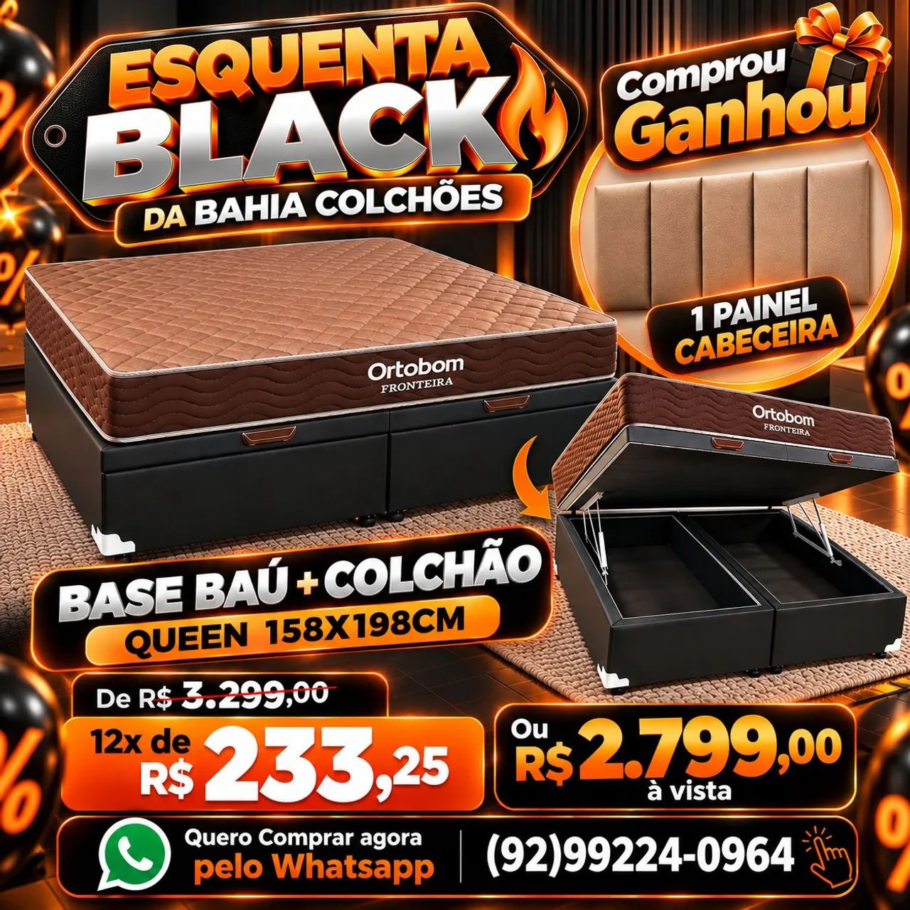 CAMA BAÚ QUEEN + CABECEIRA DE BRINDE