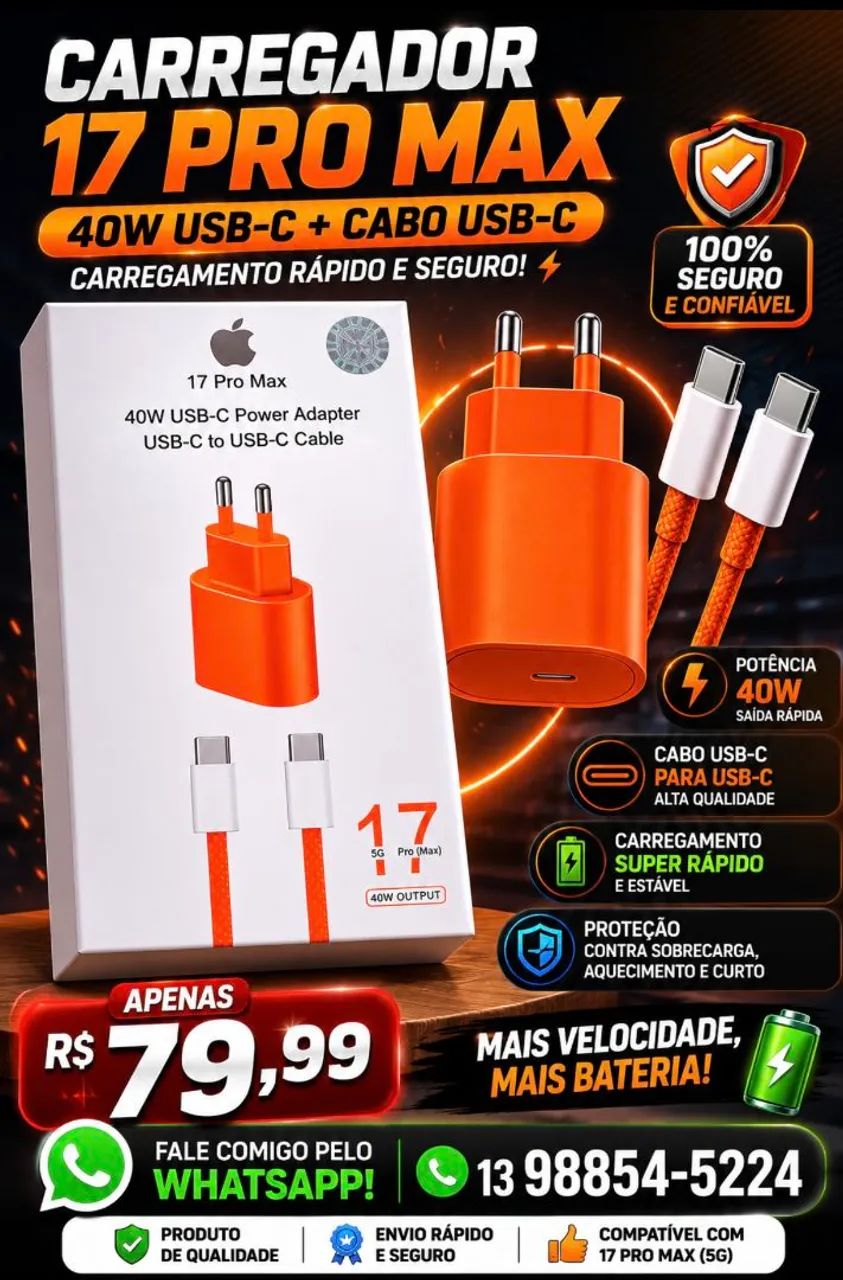 CARREGADOR TURBO 40W IPHONE TIPO C