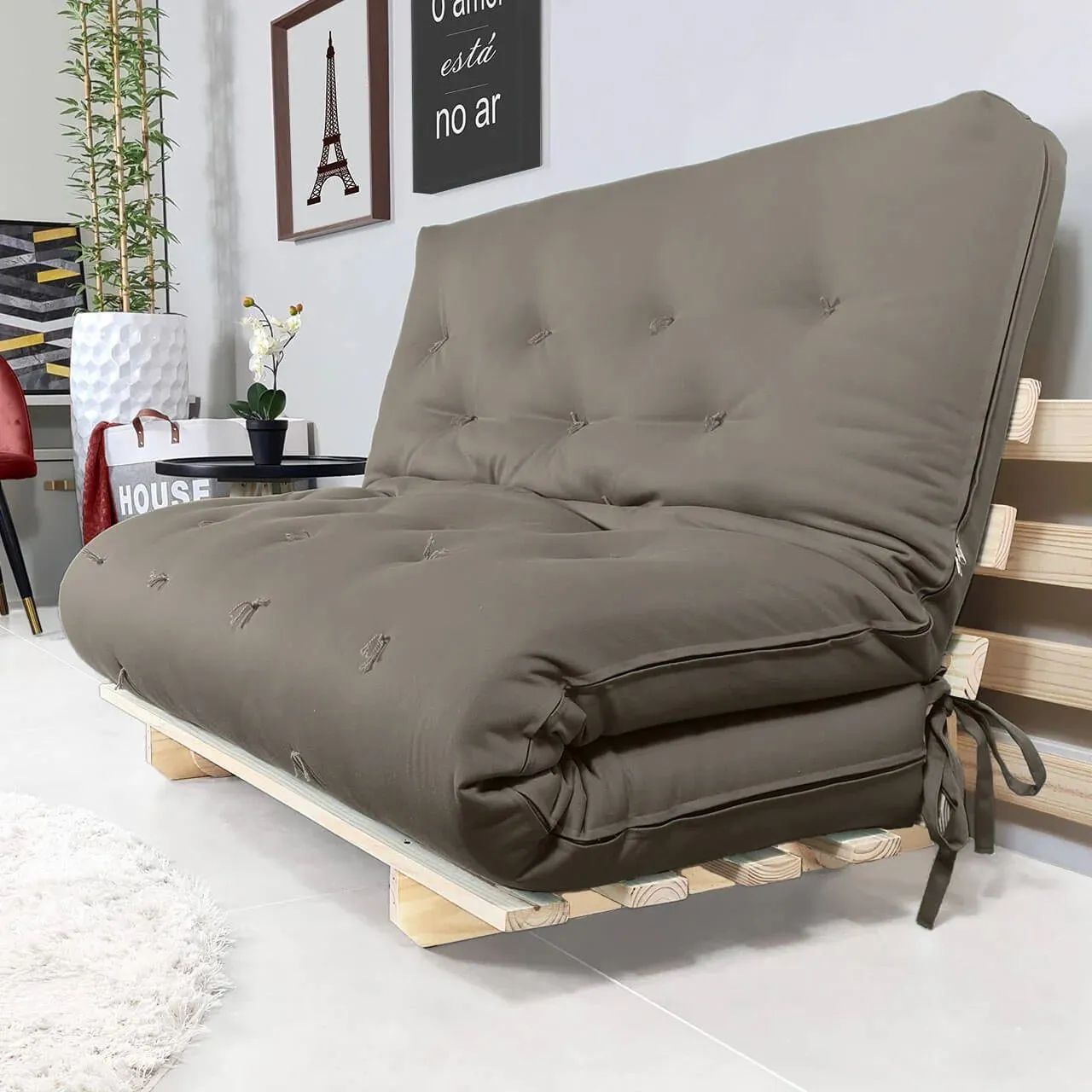 Sofá-cama futon cinza casal