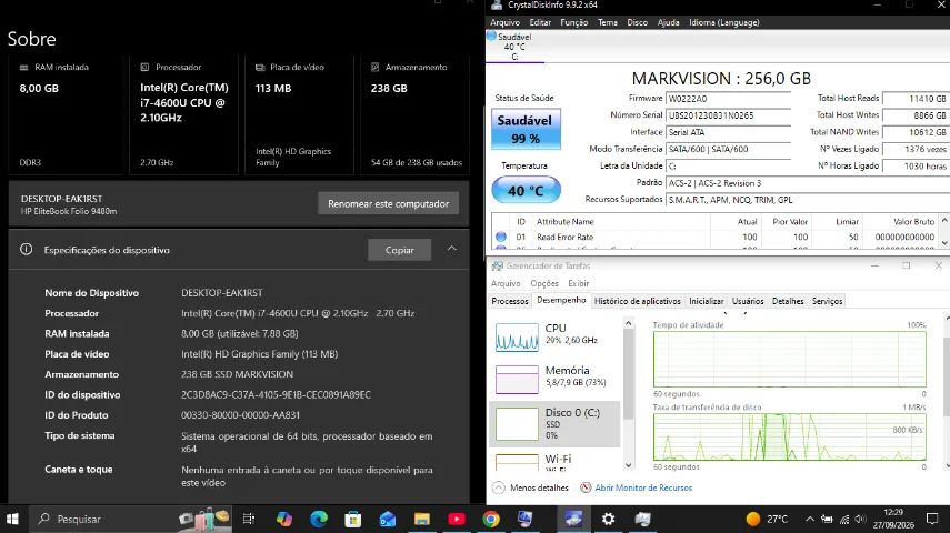 Notebook HP Intel Core i7 Rápido (8GB RAM e SSD) Impecável - Foto 3