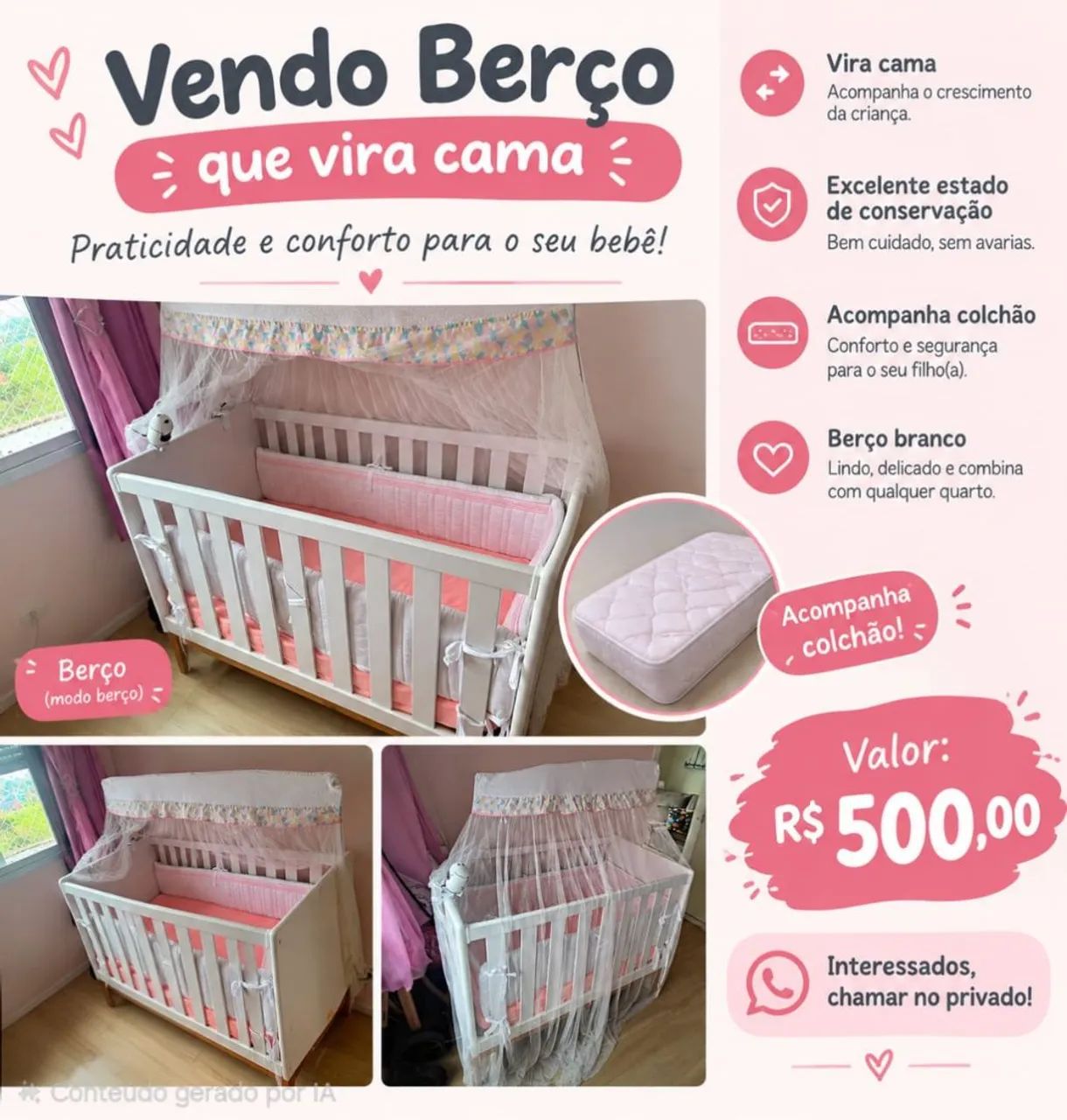 Berço 3 em 1 de madeira 