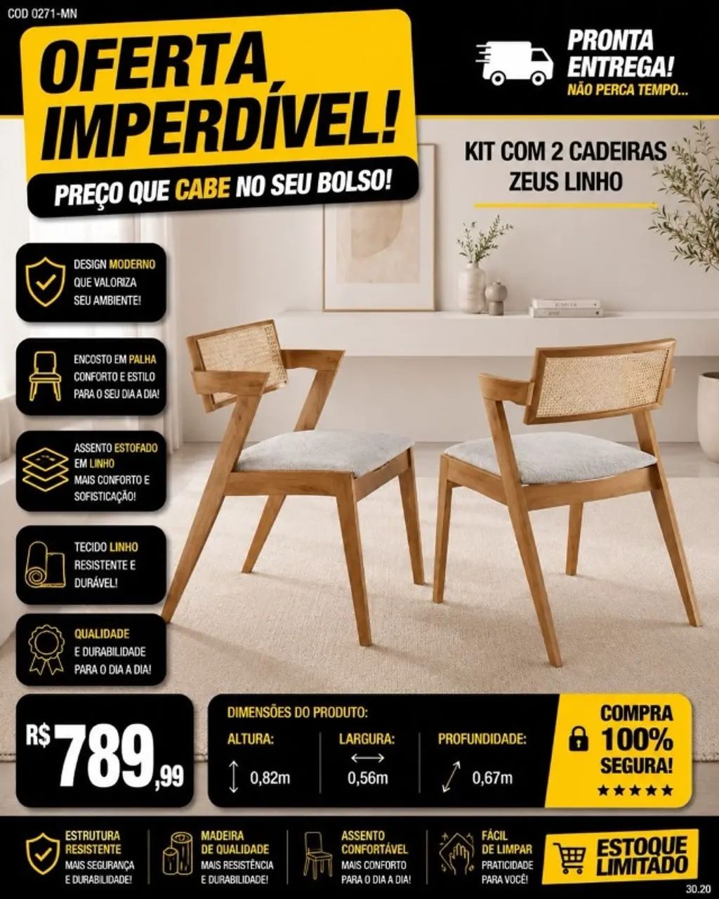 Kit c/2 cadeiras em linho Zeus (Pague na entrega)