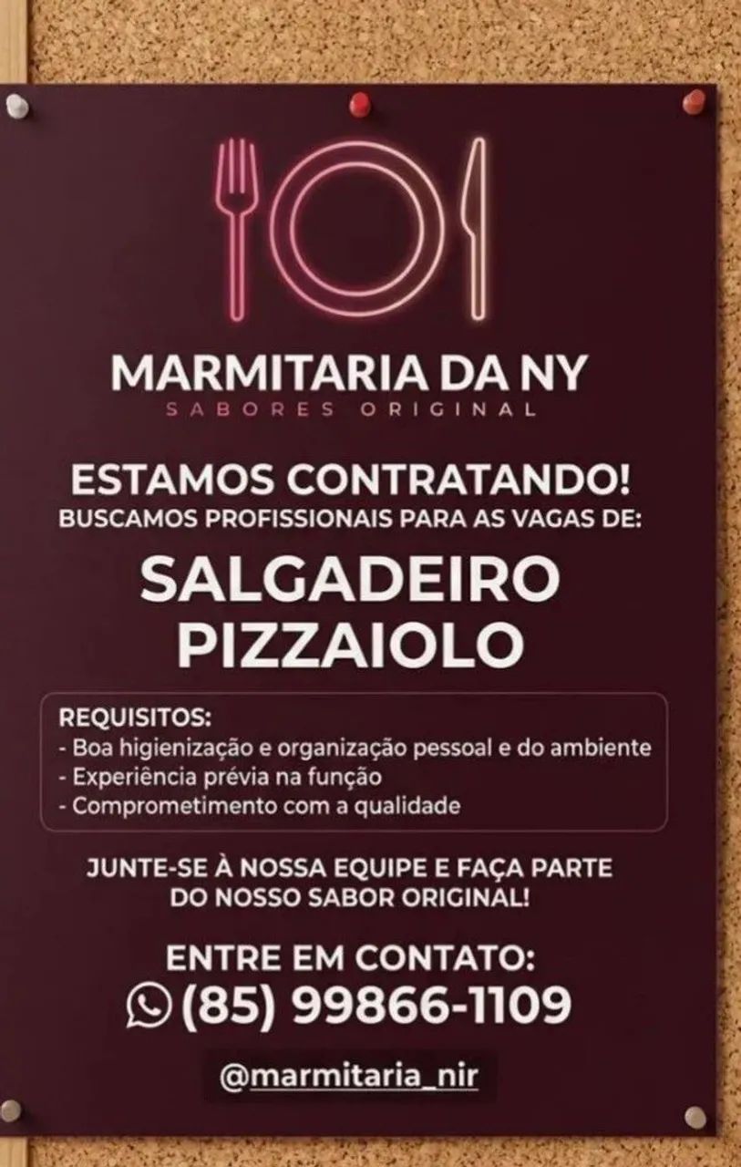 Contrata-se Pizzaiolo e Salgadeiro