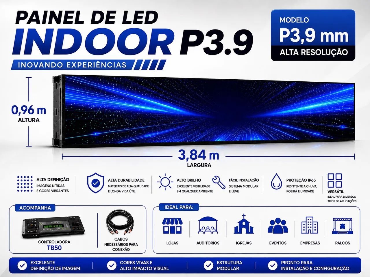 Painel de LED P3.9 Indoor 3,84x0,96m + Controladora TB50