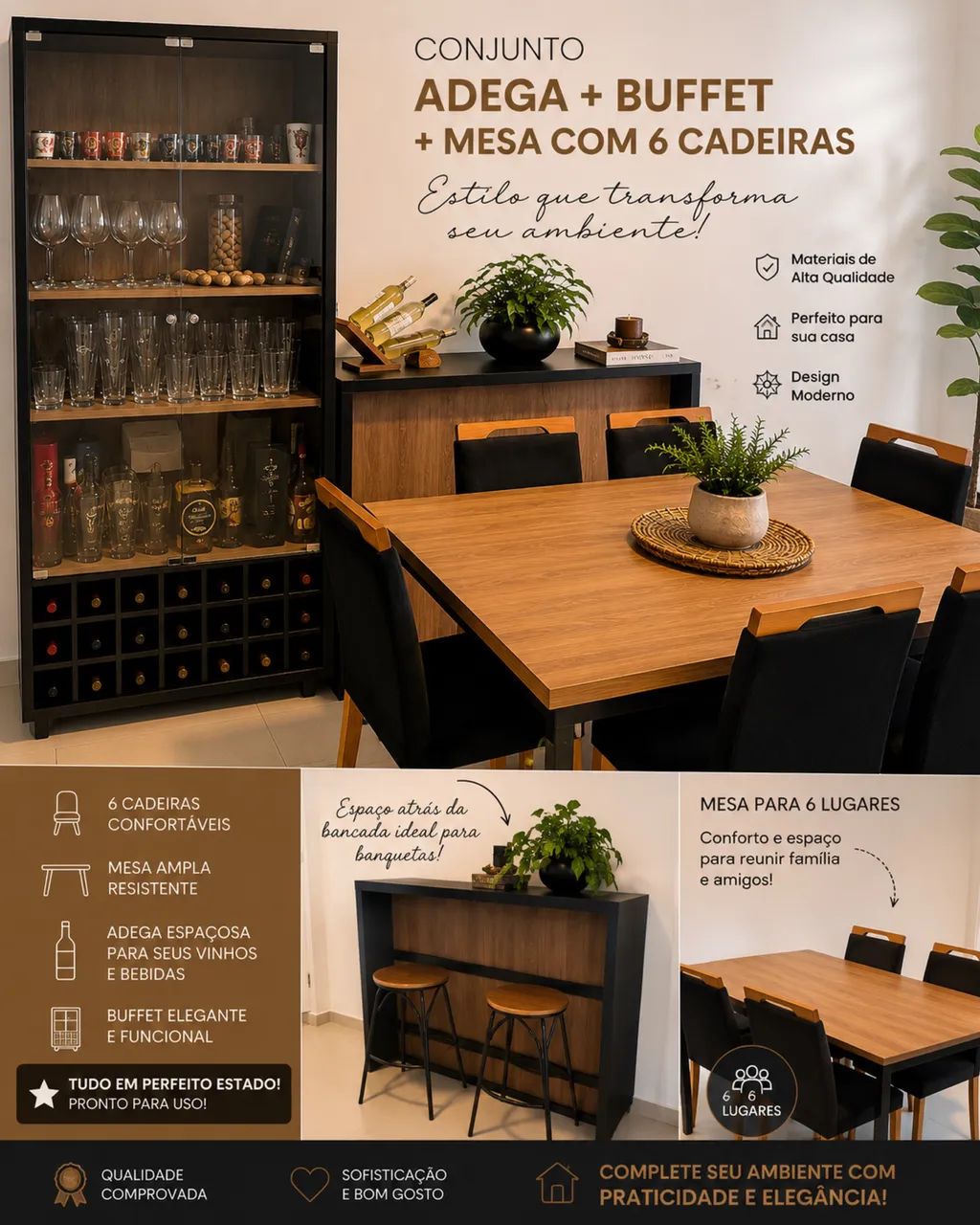 Jogo sala jantar, mesa, bancada e cristaleira adega - Foto 2
