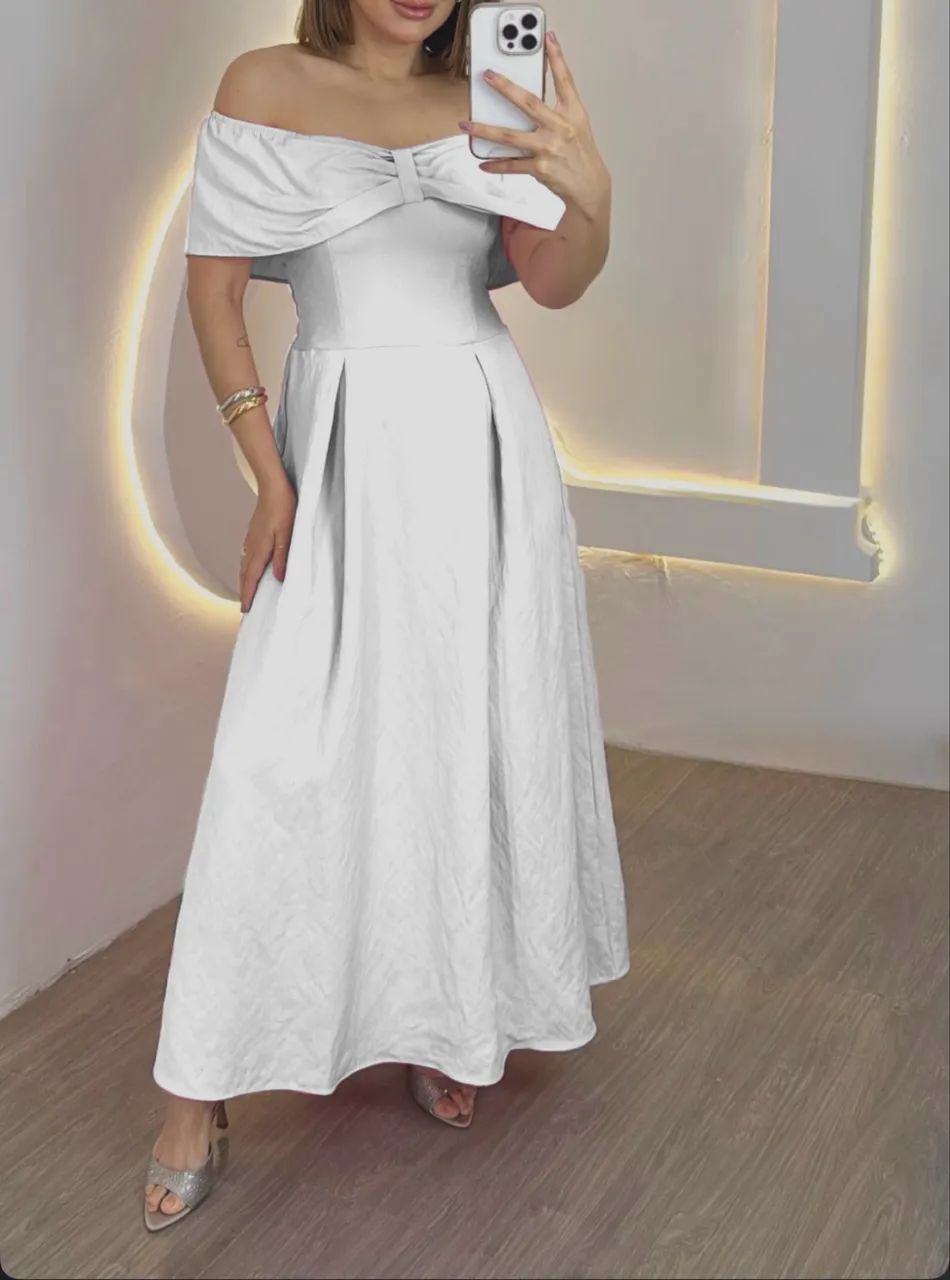 Vestido branco midi ombro a ombro roupa feminina 