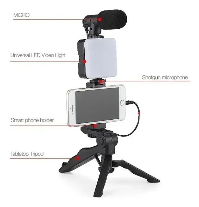 Suporte para Celular com Tripé Luz LED para Streaming Podcast Self com Microfone  - Foto 4