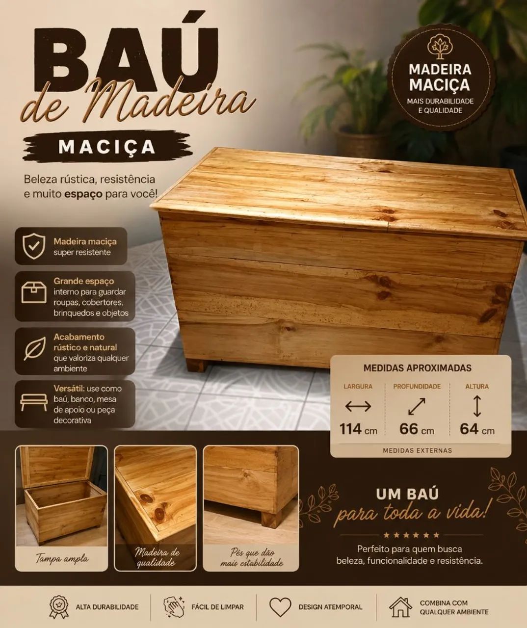 Baú de madeira maciça 