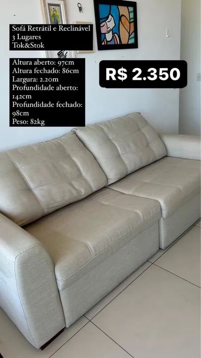 Sofá Retrátil e Reclinável 3 Lugares Tok&Stok