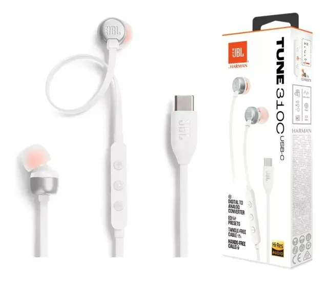 Fone de Ouvido JBL Tune 310C Intra-auricular - Branco - Som Poderoso e Conforto Ideal