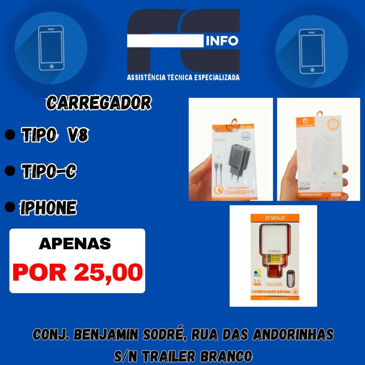 Carregadores Tipo V8, Tipo-C e iPhone - 25,00