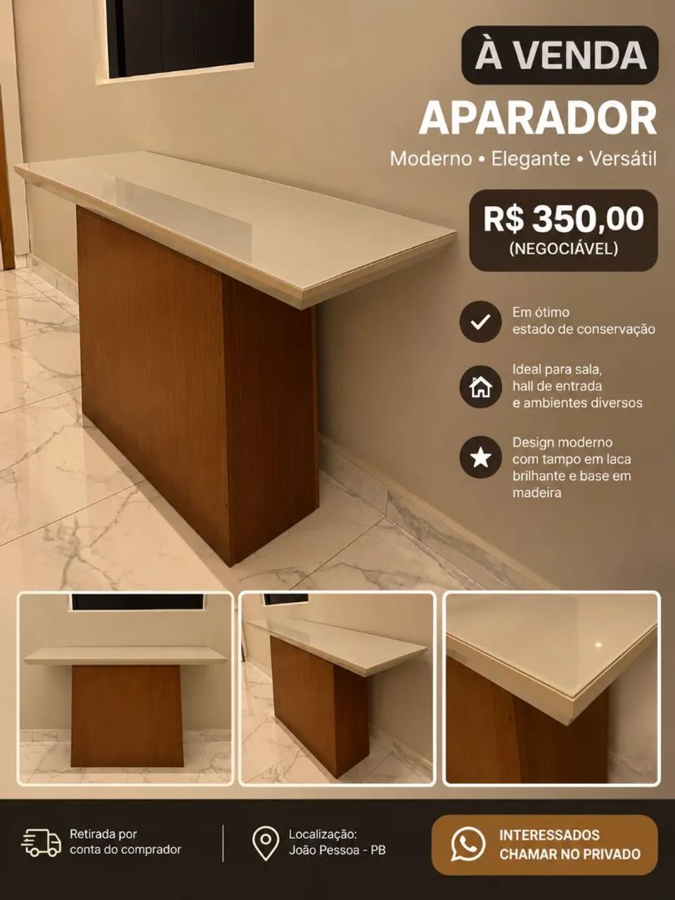 Aparador Moderno com Tampo Off-White e Base Amadeirada