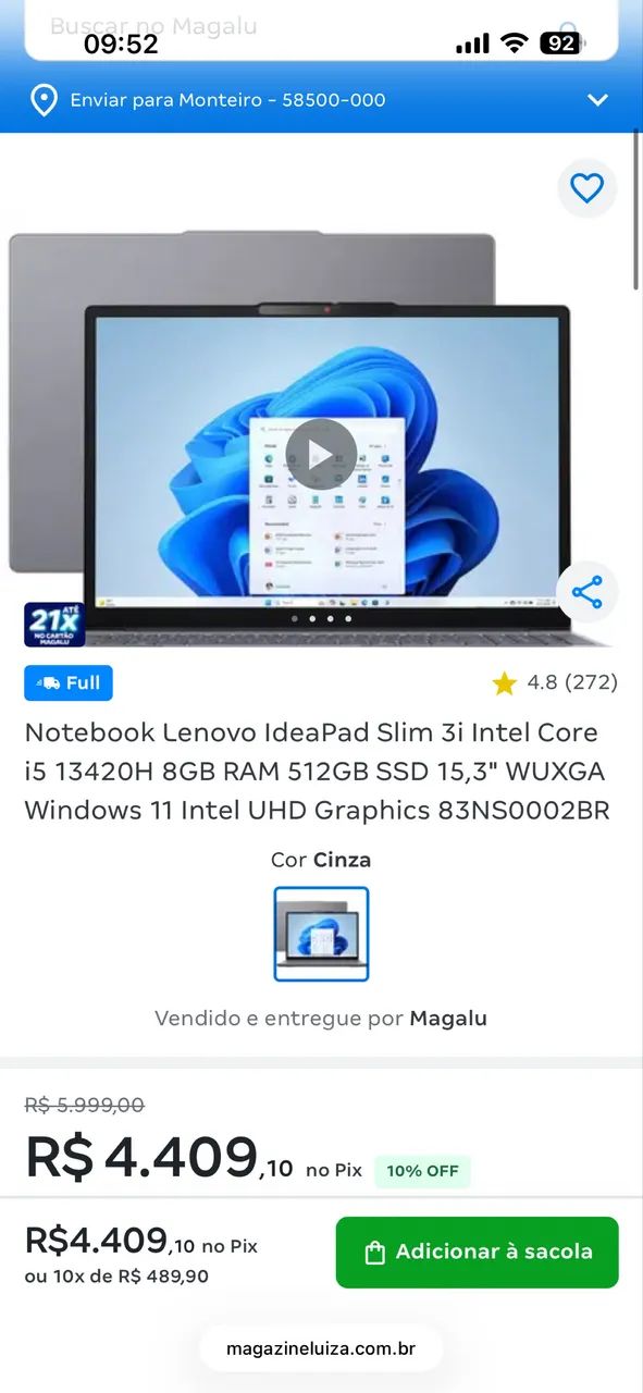 Notebook Lenovo Slim Intel Core i5 8GB RAM 512GB SSD 15,3 Windows 11 Intel UHD Graphics  - Foto 4