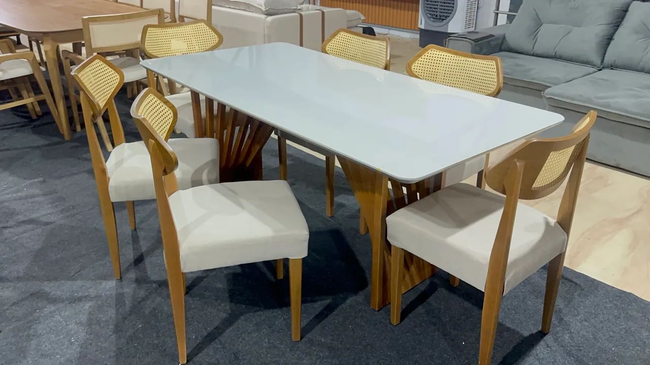 MESA DE JANTAR 1.80x90 BASE RIPADA 100% MADEIRA COM 6 CADEIRAS