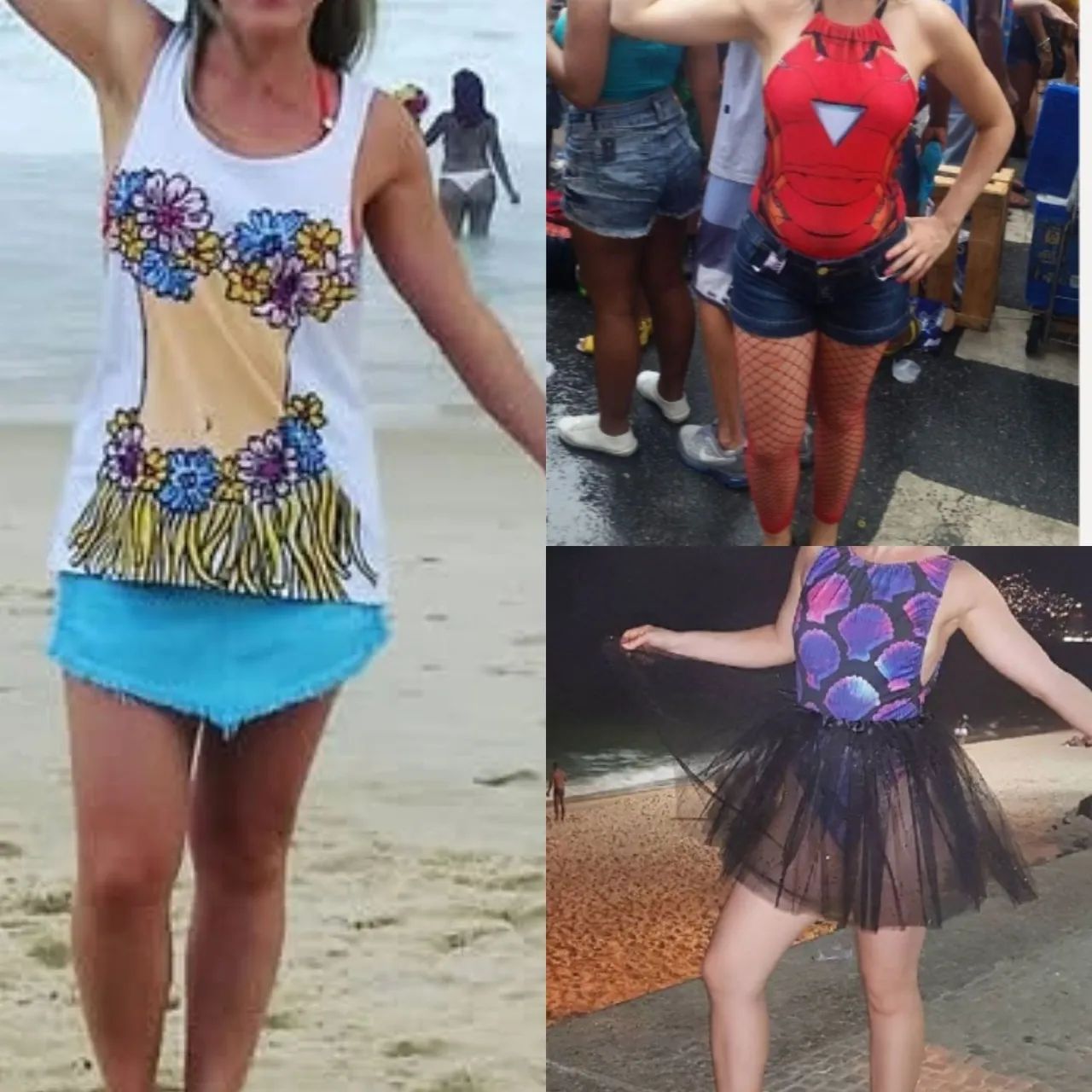 2 lindos bodys/maiôs com estampas de conchas, mulher de ferro e regata hawana de Carnaval 