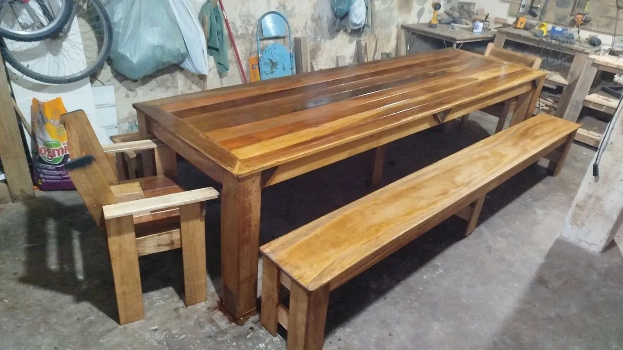 Mesa Rústica 3 m x 90 cm mais dois bancos e mais 2 cadeiras estilo RACK  - Foto 3