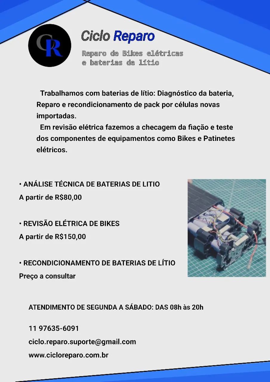 Reparo de baterias de lítio e de Bikes eléctricas.
