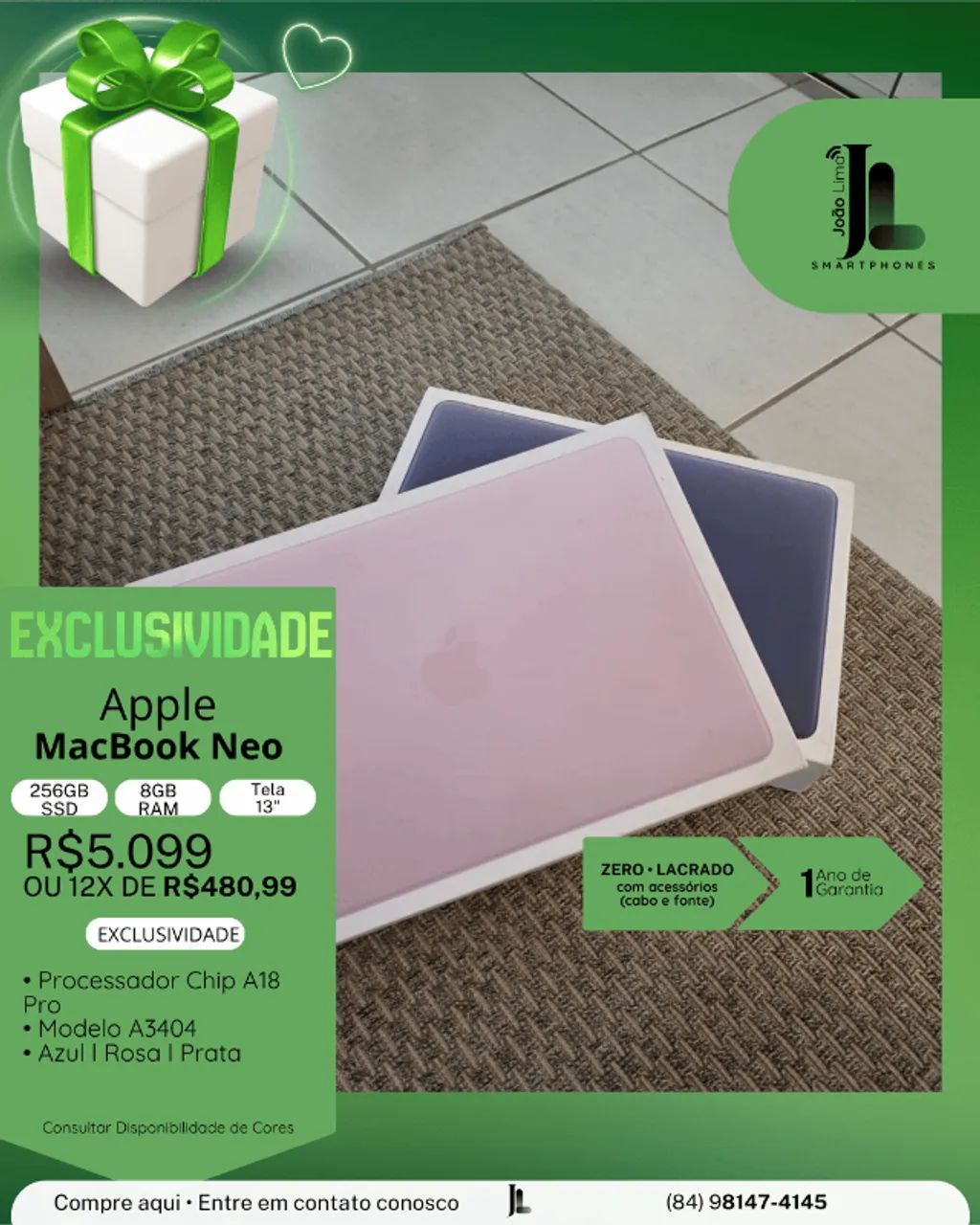 MACBOOK NEO, 256GB, 8GB RAM, TELA 13 POL., LACRADO, LANÇAMENTO