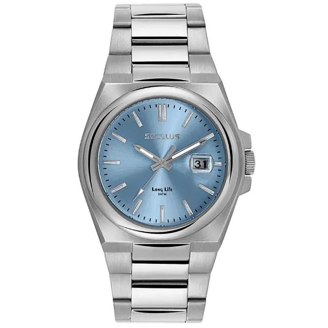 Relógio Masculino Seculus Social Calendário Prata e Azul Original