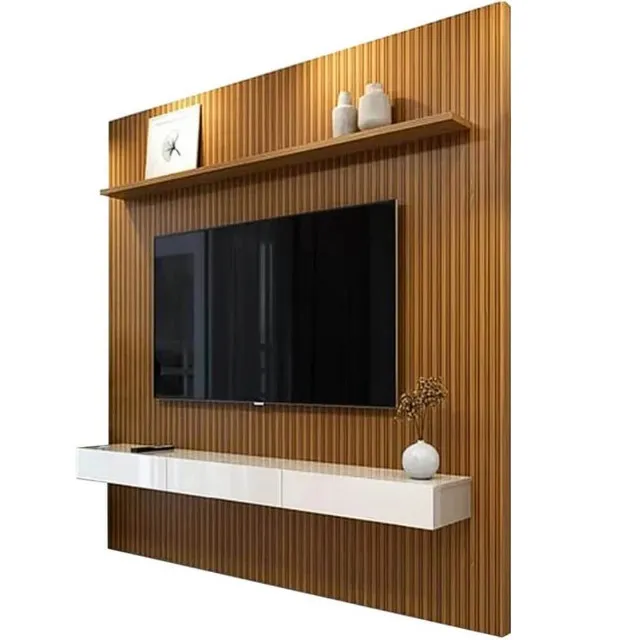Painel Egeo com Nicho 180cm para TV até 75 Polegadas Ripado em Impressão 3D Cedro Off