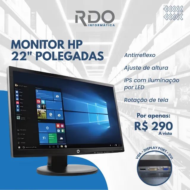 Monitor HP 22" IPS LED Ajuste Altura Rotação VGA DP DVI | Imagens de alta qualidade