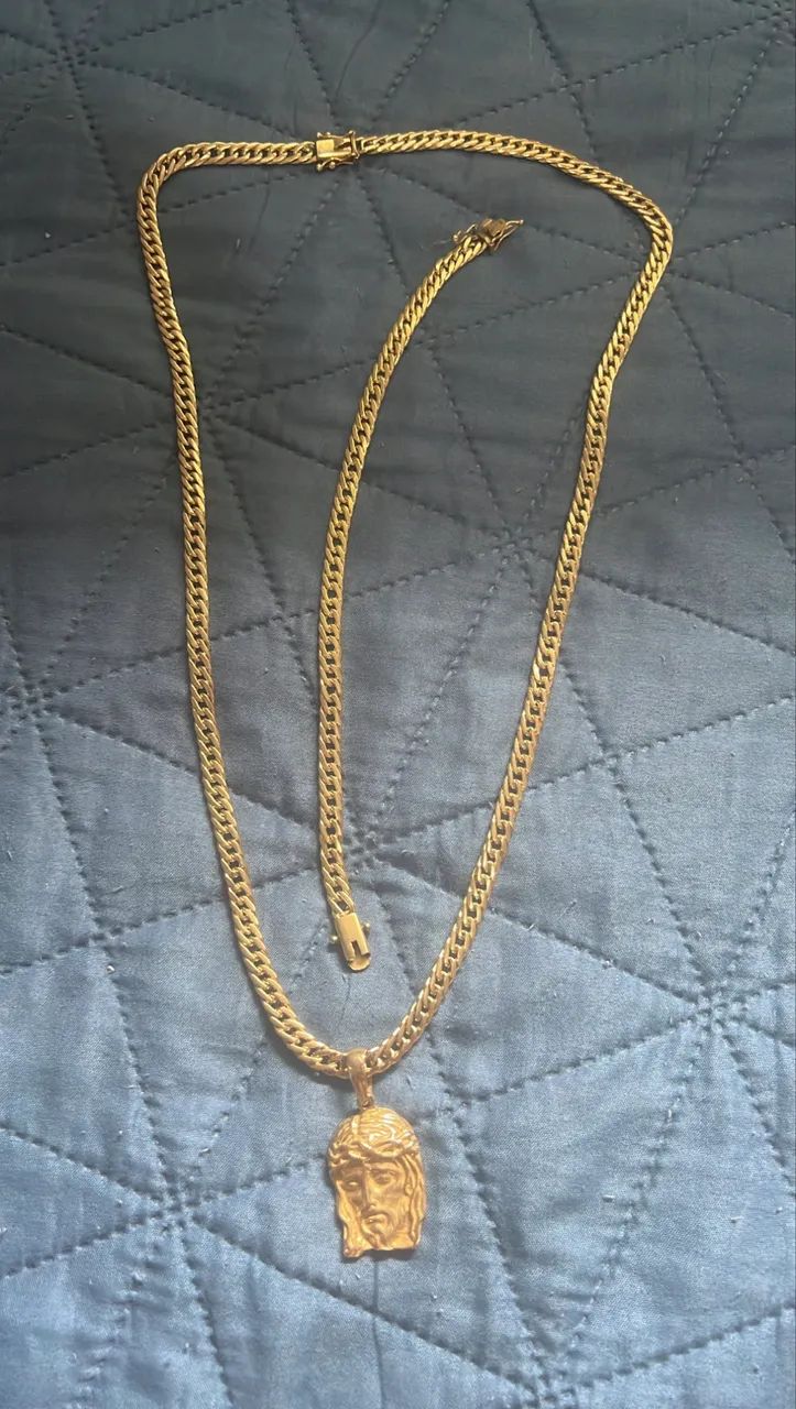 CORRENTE + PULSEIRA GRUMET+ PINGENTE FACE DE CRISTO DE MOEDA ANTIGA 
