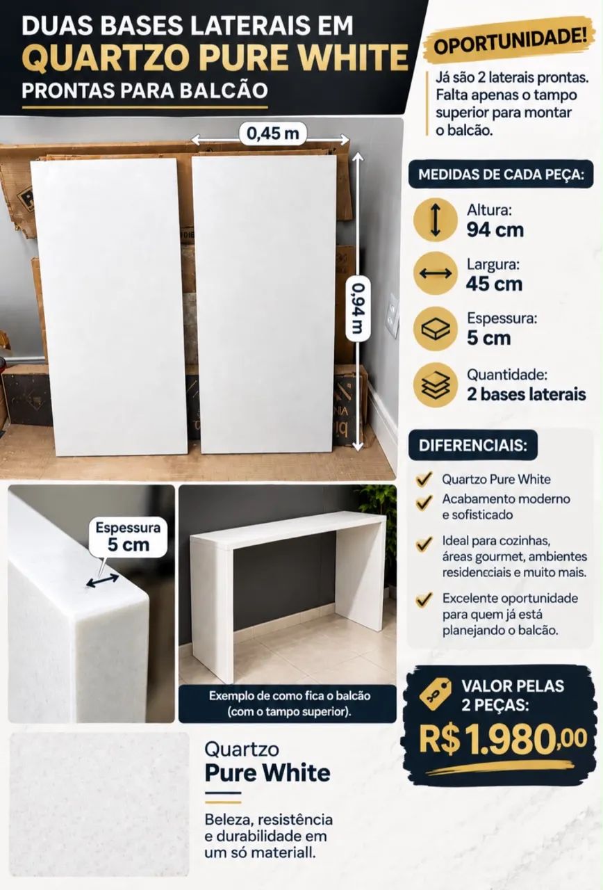 Duas laterais para balcao em Quartzo Pure White