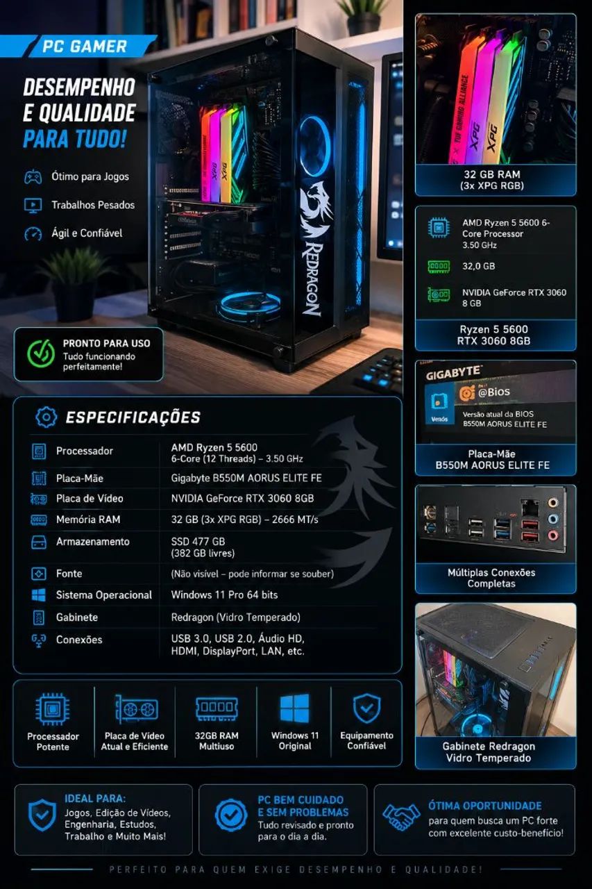 Pc Gamer - Red Dragon - 3060 (8gb)