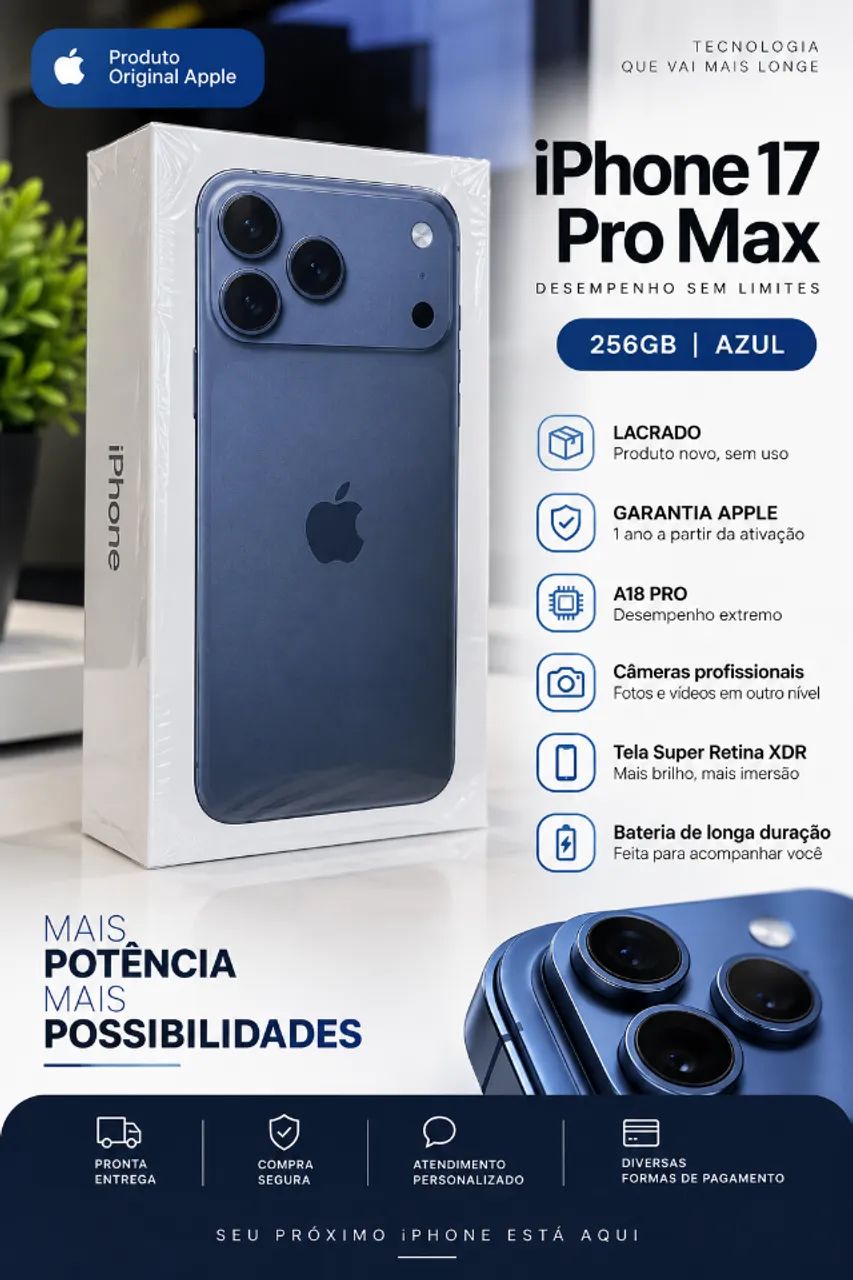Appe Iphone 17 Pro Max 256GB Azul - Lacrado - Garantia Apple.