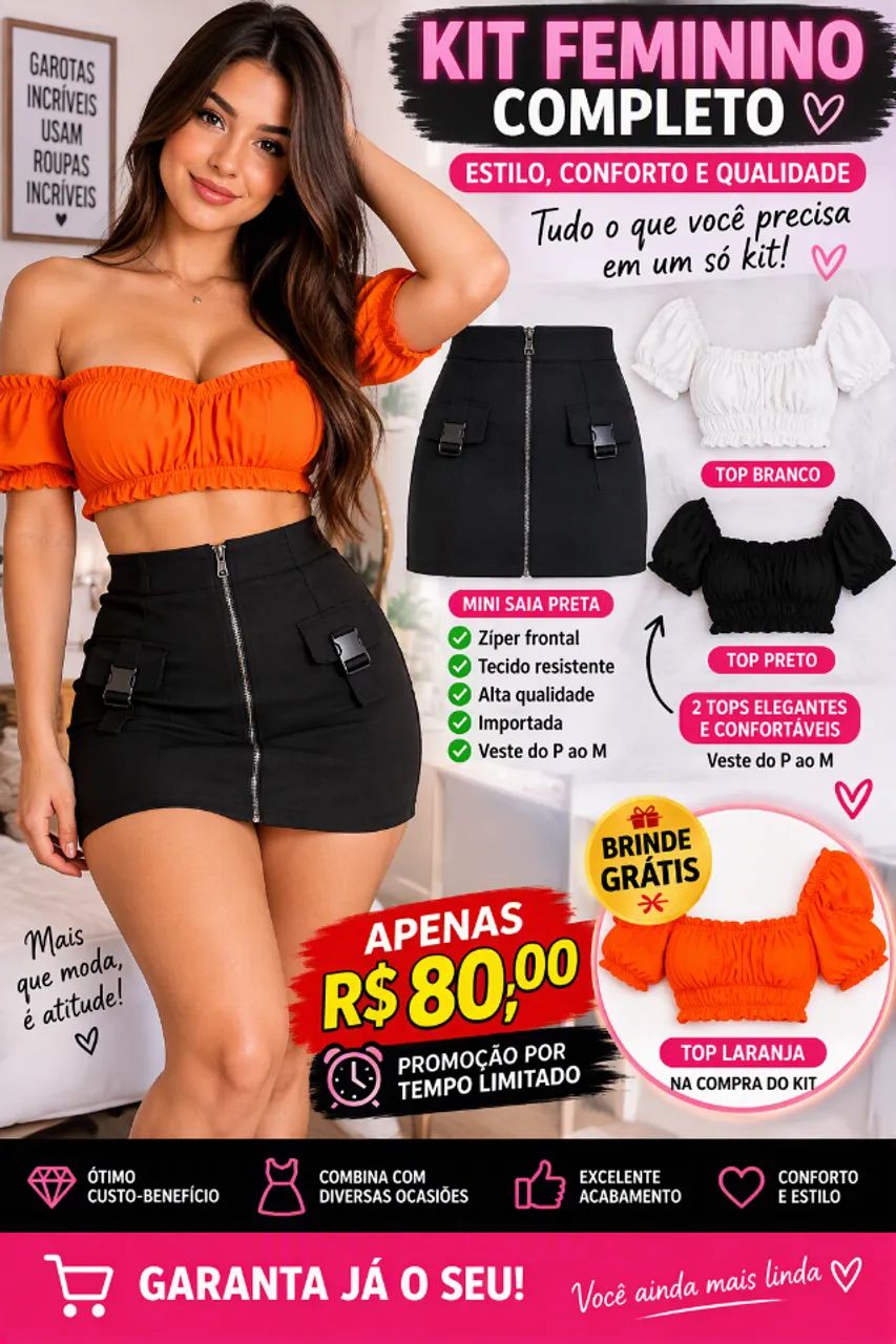Mini Saia Importada Kit com 2 Tops Preto e Branco e Leve de Brinde Top Laranja