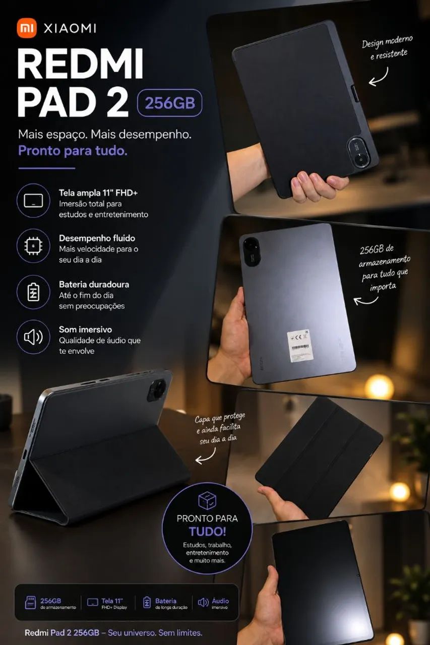 Redmi Pad 2 256GB + Caneta Touch + Capa + Película + Teclado + Mouse