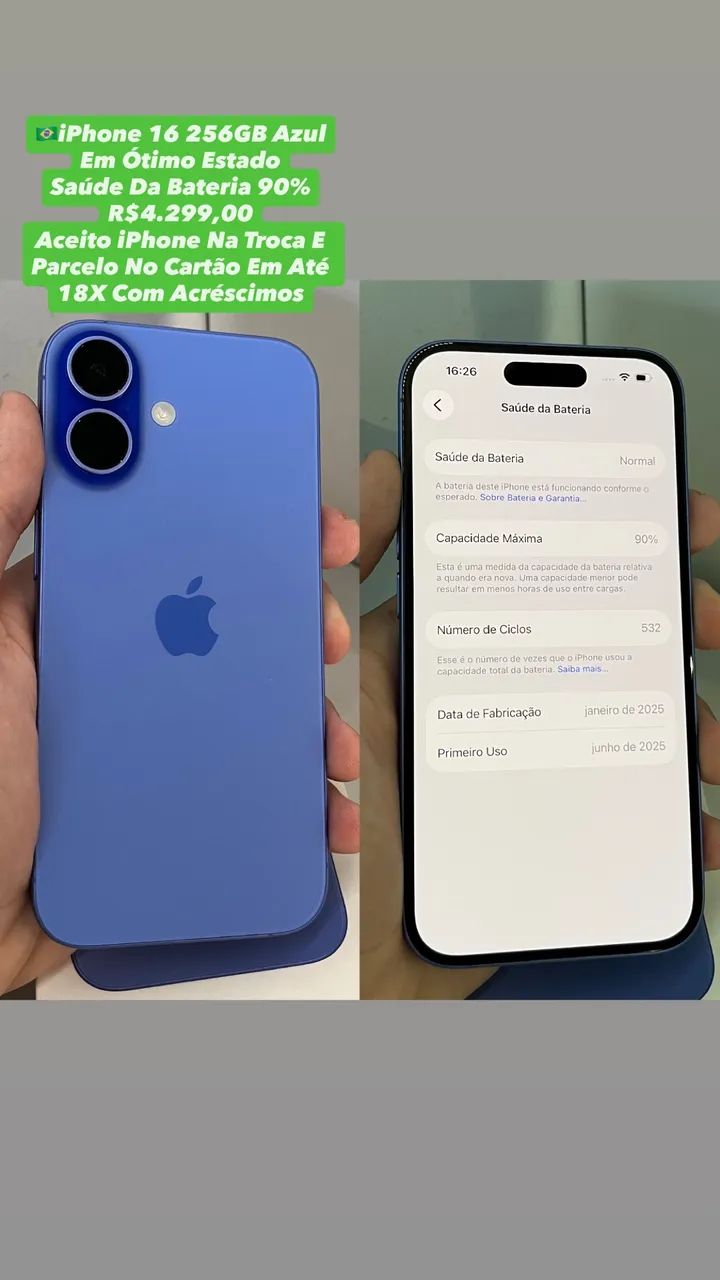 iPhone 16 256GB Azul - Saúde Da Bateria 90% (Usado)