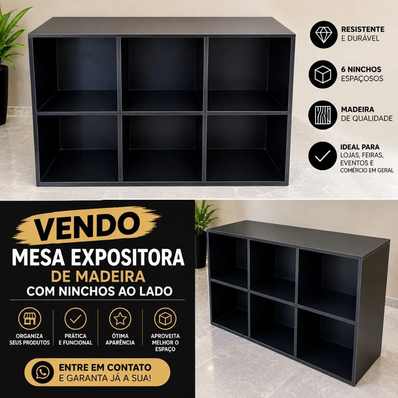 Vendo mesa expositora com seis nichos de cada lado 