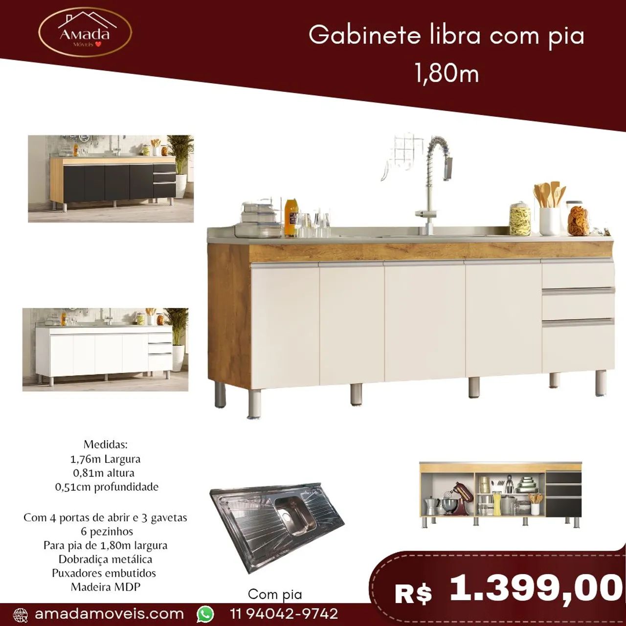 Gabinete de cozinha libra 1,80m com pia inox , à pronta entrega 