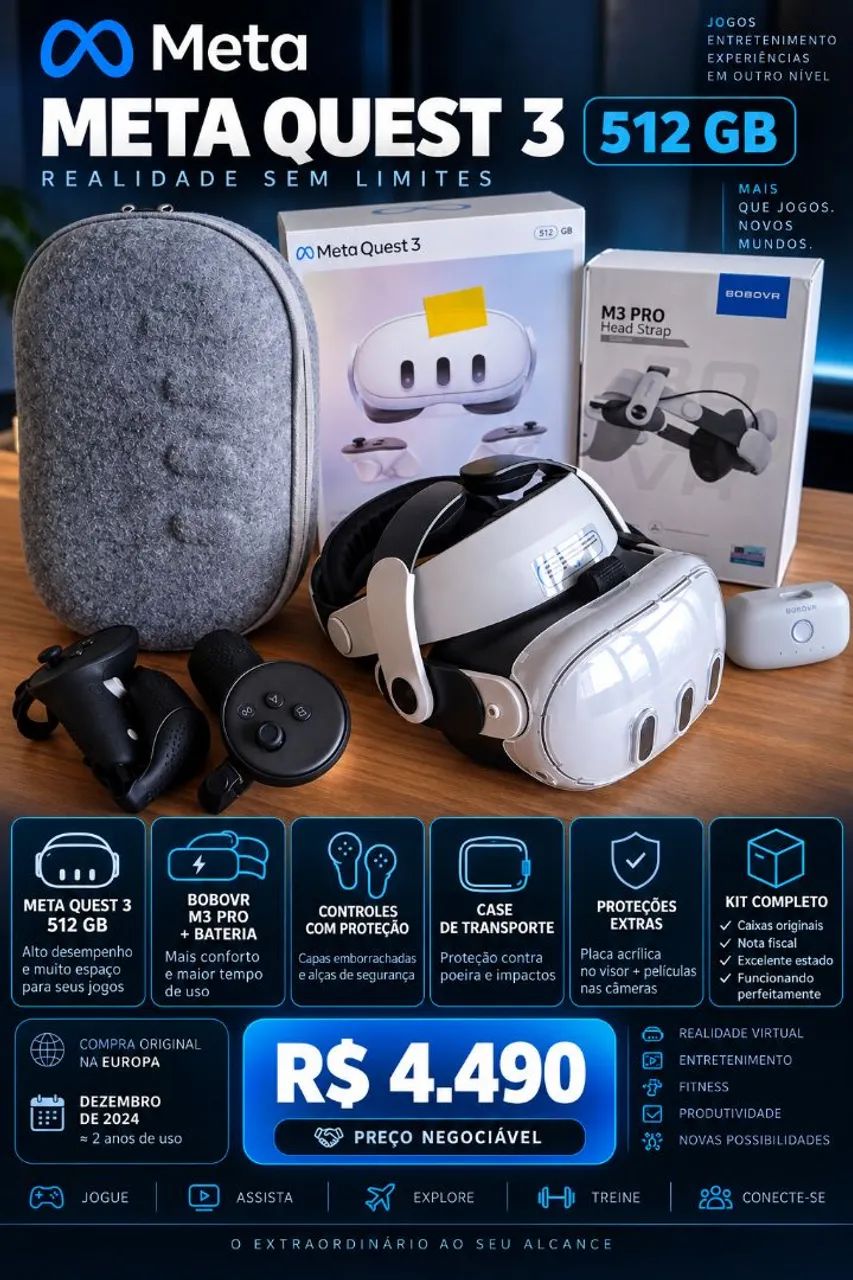 META QUEST 3 512GB + BOBOVR M3 PRO + ACESSÓRIOS - Consoles de