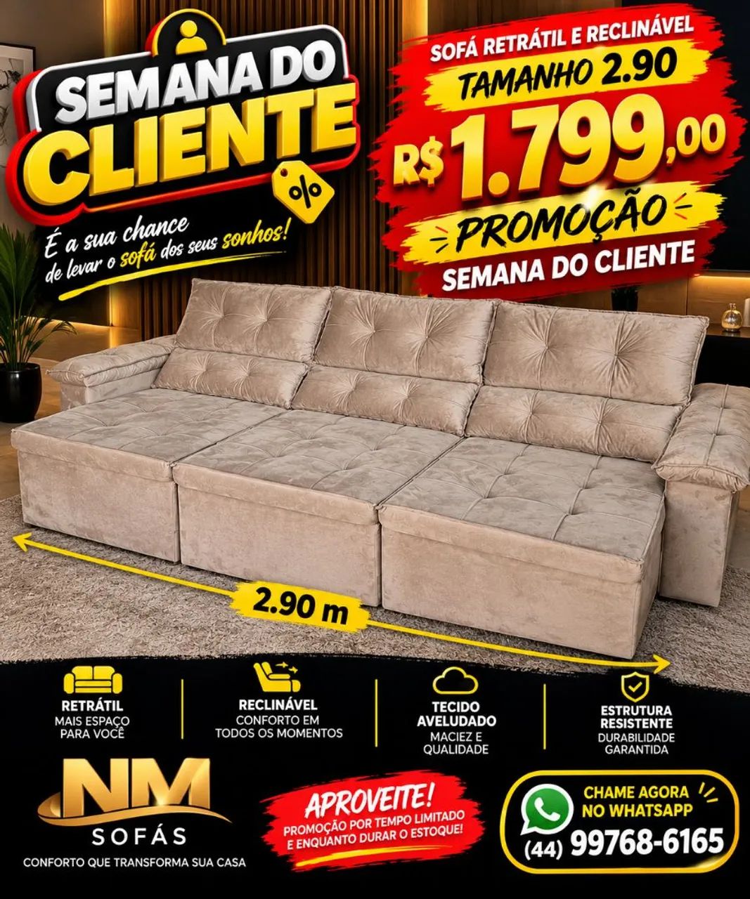 MEGA PROMOÇÃO SOFÁ 2,90 retrátil e reclinável  - Foto 2