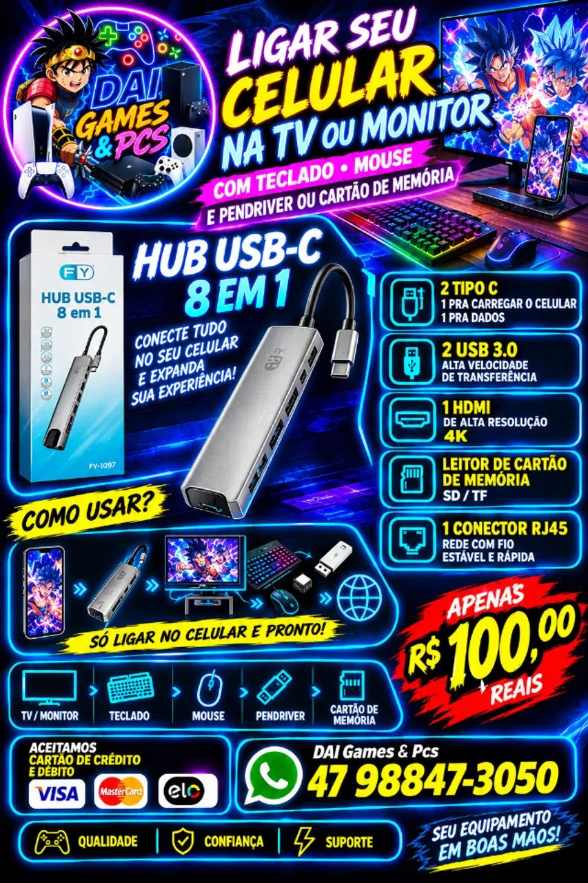  Hub Usb C 8 em 1 para Celular