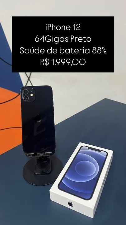 IPhone 12 Preto 64Gigas Saúde de Bateria 88% R$ 1.999,00 | Loja