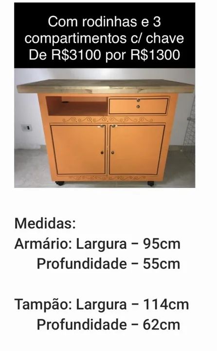 Armário com rodinhas e 3 compartimentos c/ chave - Oportunidade! - Foto 2
