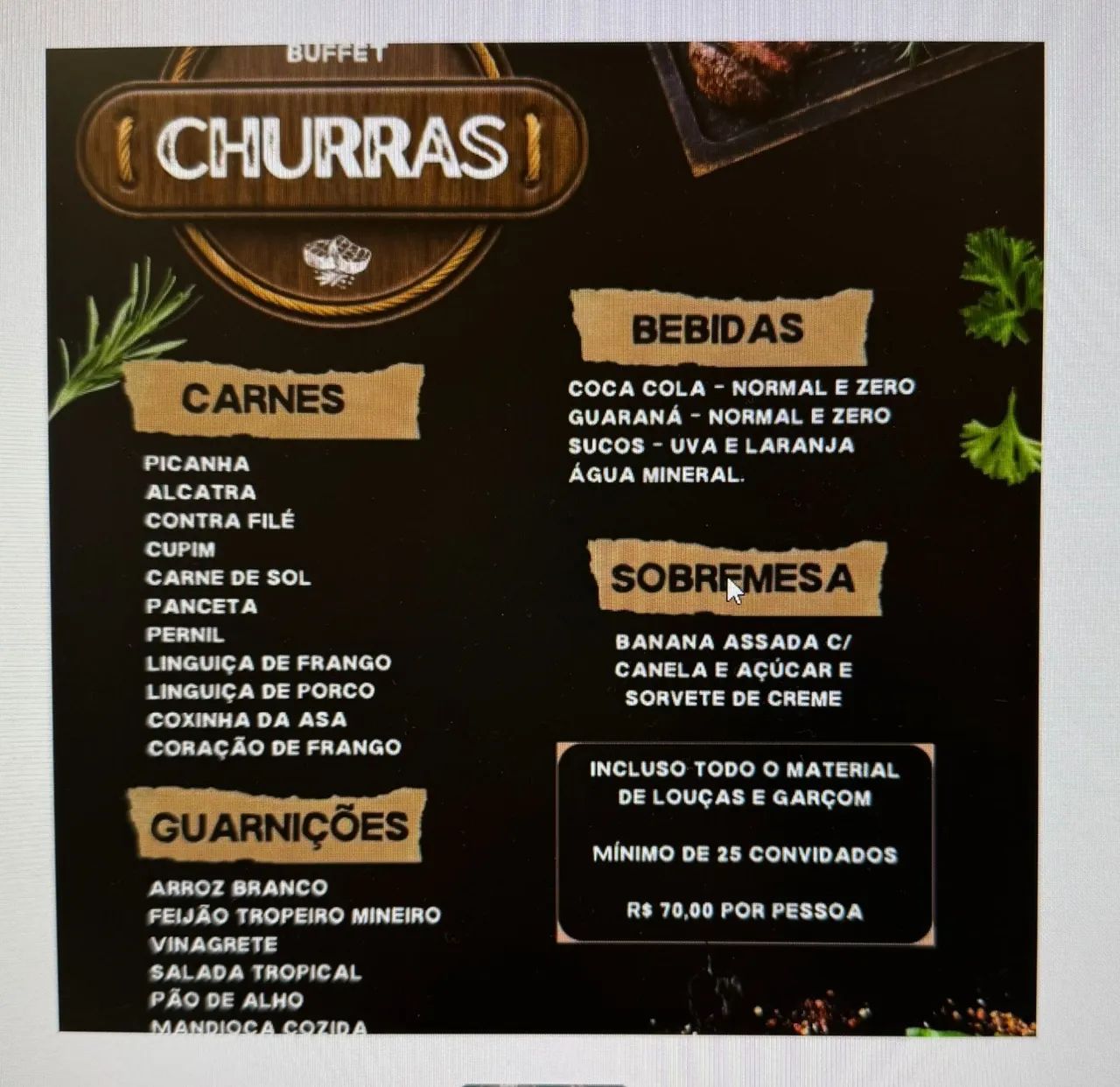 Buffet Churrasco Completo para 25 Pessoas