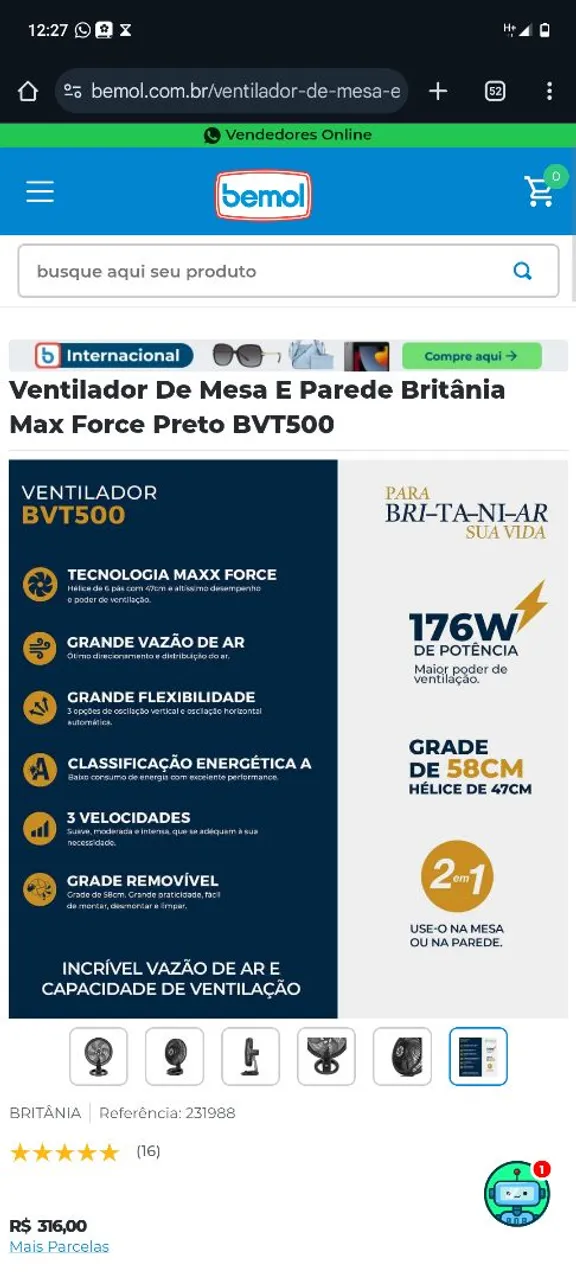 Ventilador Britânia Max Force BVT500 - Preto