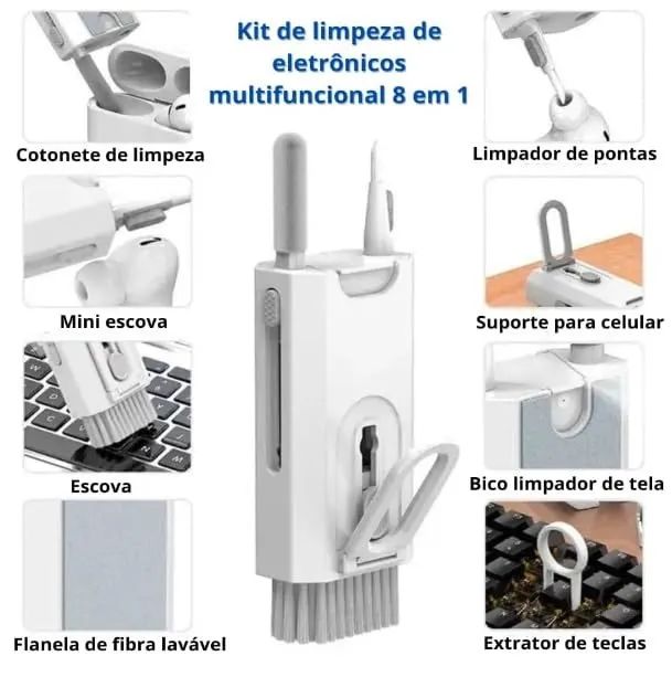 Kit de Limpeza Eletrônico 8 em 1 Multifuncional | Teclados, Airpods, Fones e Celulares 