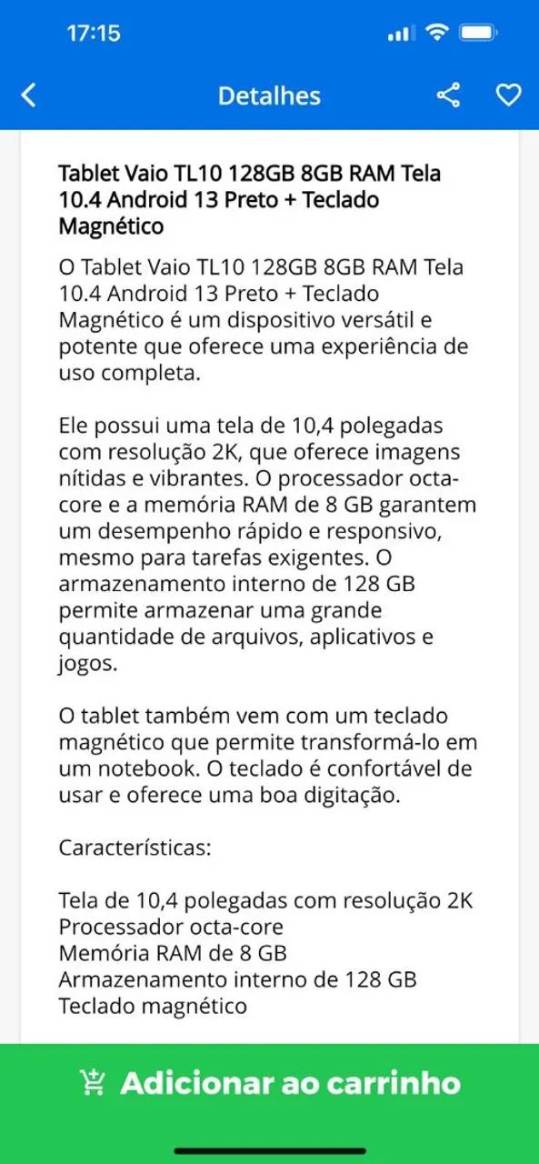 Tablet Vaio TL10 128GB 8GB RAM Tela 10.4 Android 13 Preto + Teclado Magnético