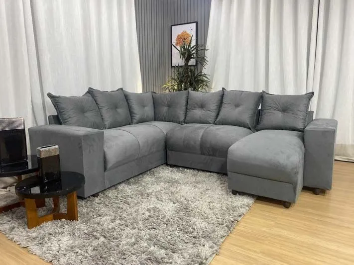 Sofá de Canto 5 Lugares com Chaise Sude Cinza | FRETE GRÁTIS 