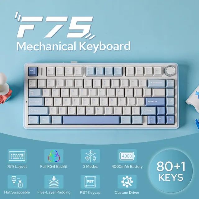 Teclado Mecânico Aula F75 Sem fio 2.4g, Cabo e Bluetooth - RGB - Entregamos - Foto 2