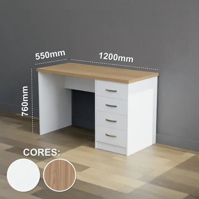 Mesa de estudo com gavetas off white em mdf 