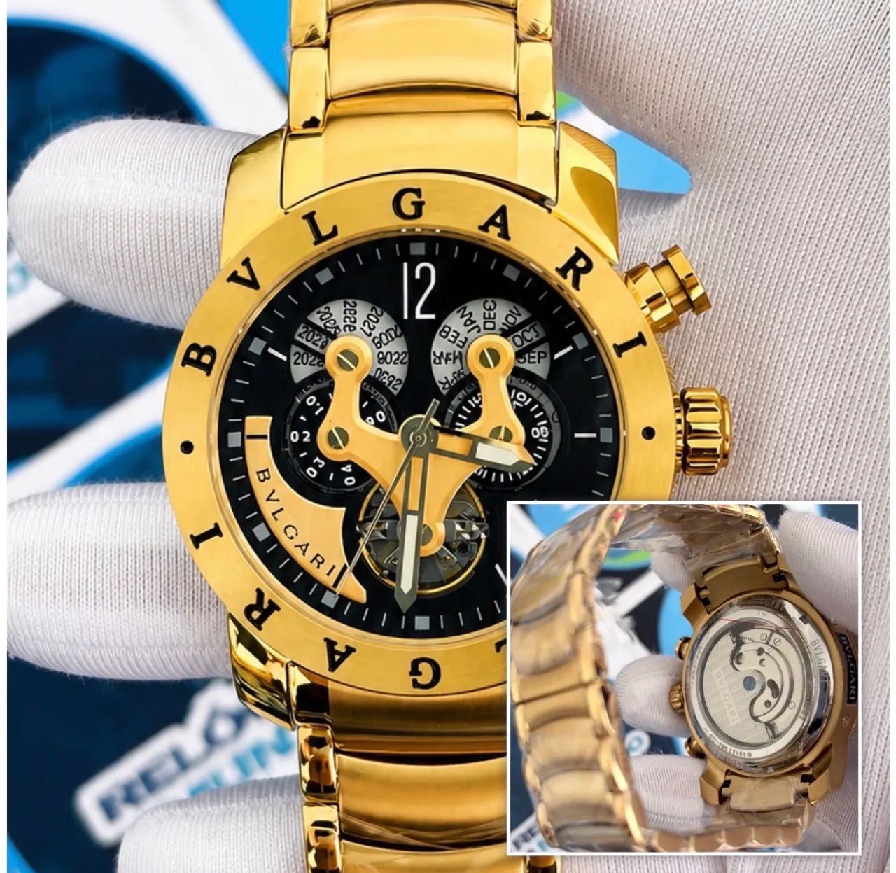 RELOGIO BV AUTOMÁTICO DOURADO E FUNDO PRETO